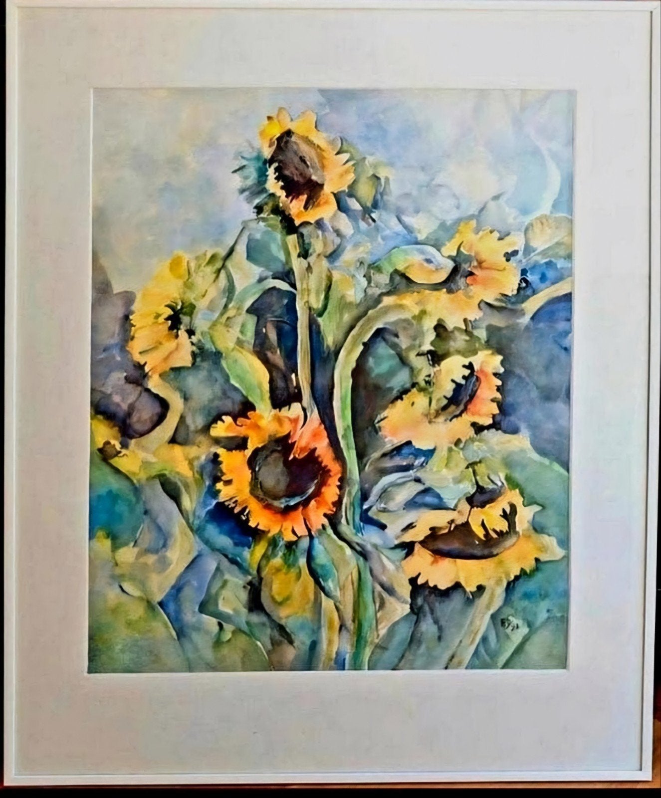 ZONNEBLOEMEN Originele aquarel in passe-partout. Ingelijst, Ophalen