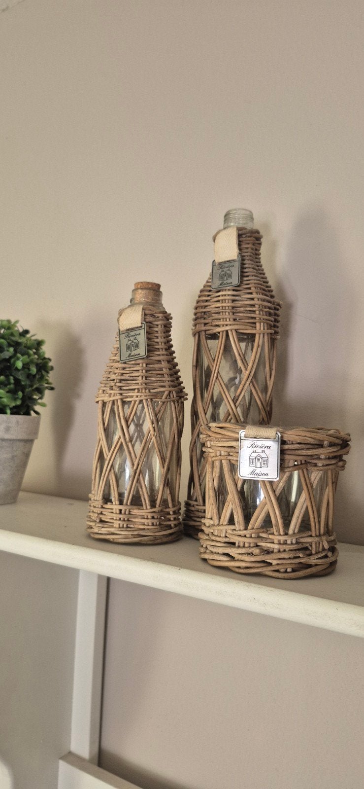 Riviera Maison decoratie flessen en pot van riet, Ophalen, Beige, Natuurlijk materiaal, Landelijk