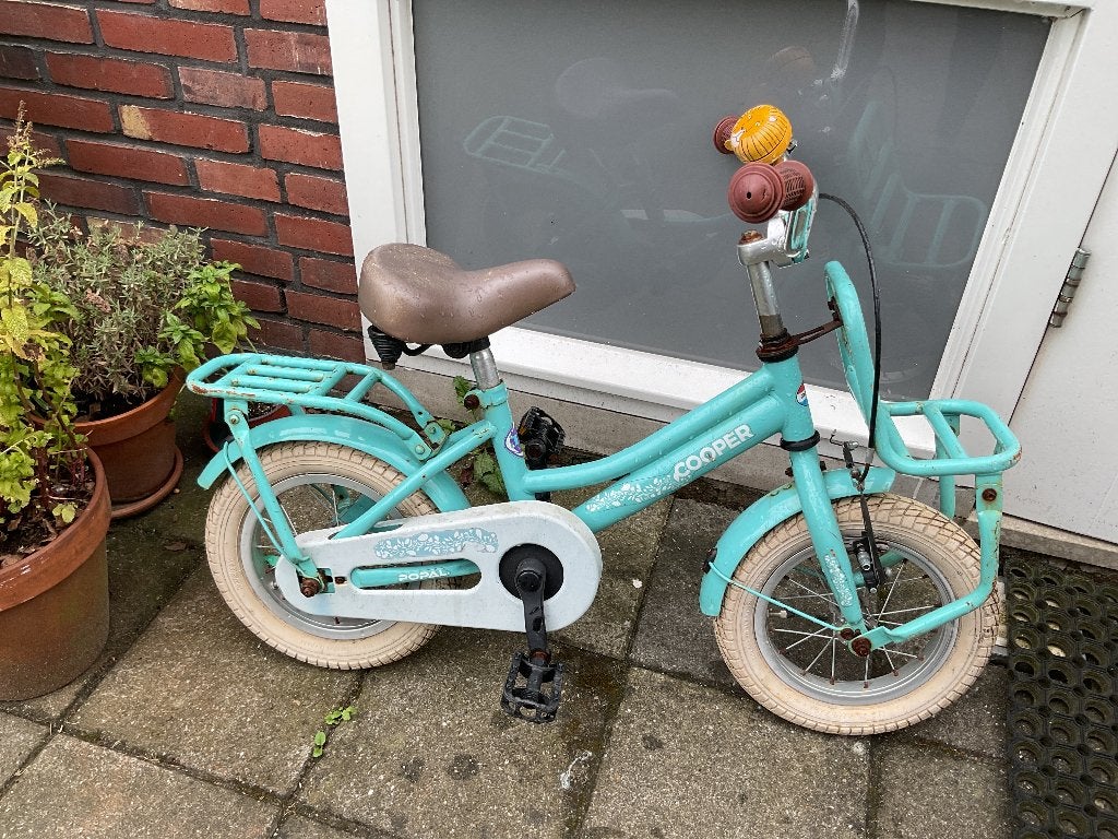 Turquoise kinderfiets 12,5 inch OPKNAPPER, Ophalen, Terugtraprem, Zijwieltjes, Gebruikt