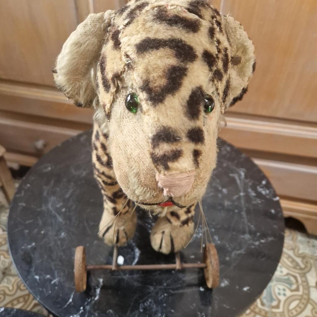 Antiek brocante oude luipaard op wieltjes speelgoed Steiff, Ophalen of Verzenden