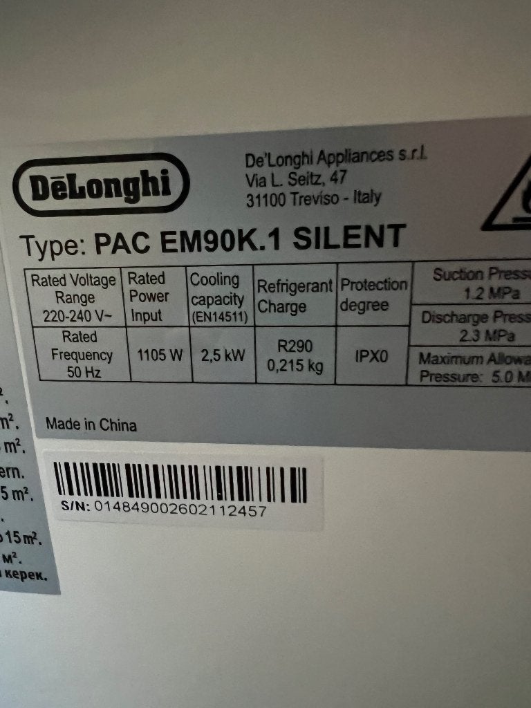 De'Longhi PAC EM90K.1 Silent Mobiele Airco 2,5 kW, Ophalen, Minder dan 60 m³, 3 snelheden of meer, Zo goed als nieuw
