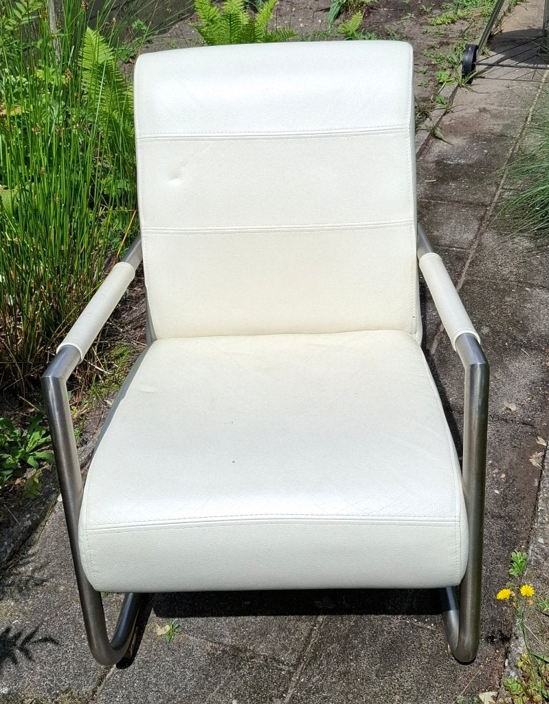 2x witte leren fauteuils H&H (staat in de weg), Ophalen, Gebruikt, 50 tot 75 cm, Leer