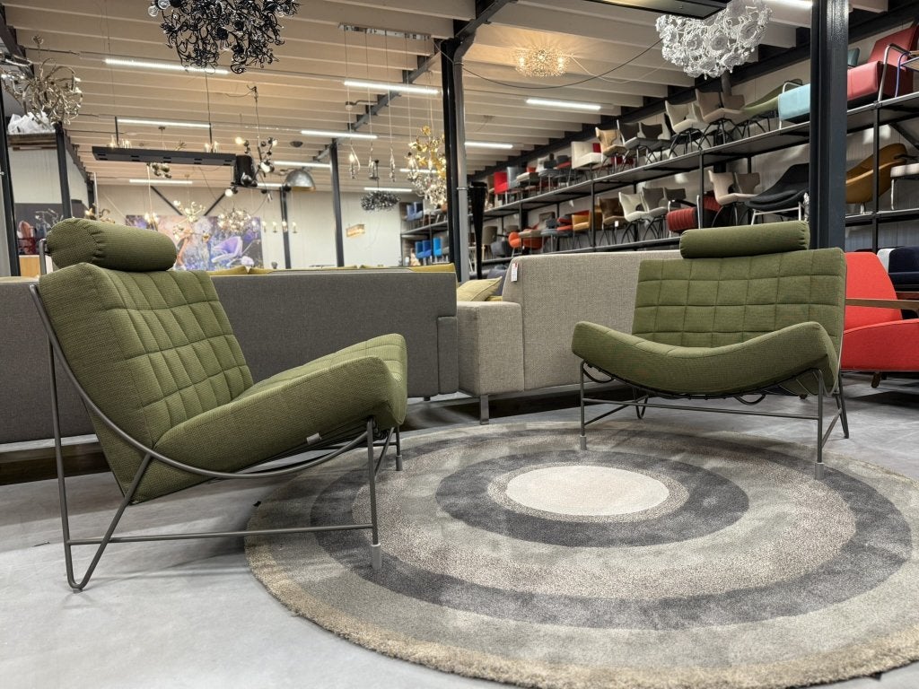 2 Leolux Volare Fauteuils groen stof Design Stoel, Leolux, Info@leolux.nl, 75 tot 100 cm, Ophalen of Verzenden