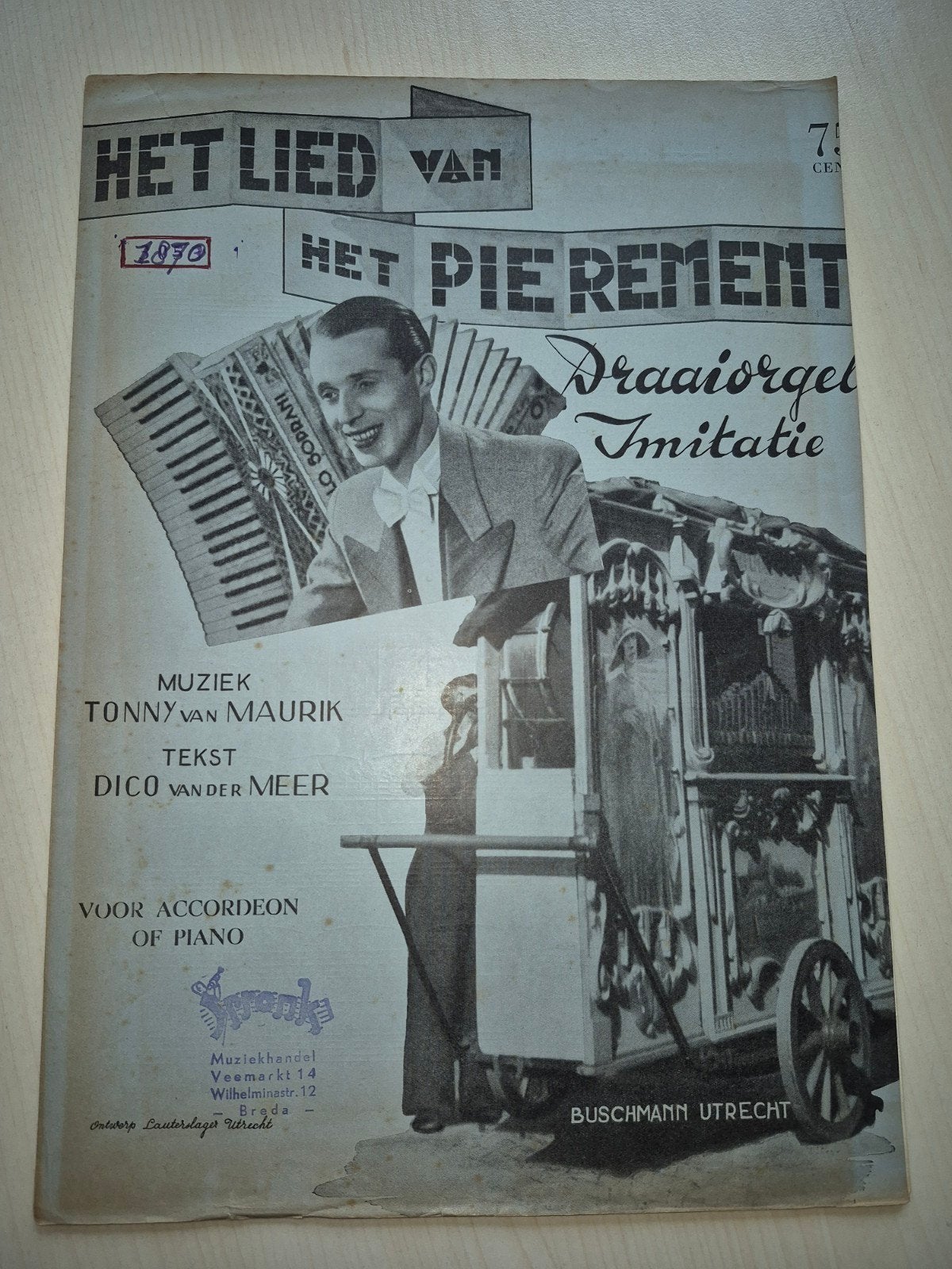 Het Lied van het Pierement - Draaiorgel Imitatie bladmuziek, Gebruikt, Piano, Ophalen of Verzenden, Thema