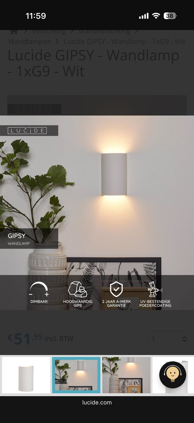 Lucide Gipsy wandlamp wit nieuw 18x11cm, Huis en Inrichting, Ophalen, Nieuw, Wandlamp, Wit