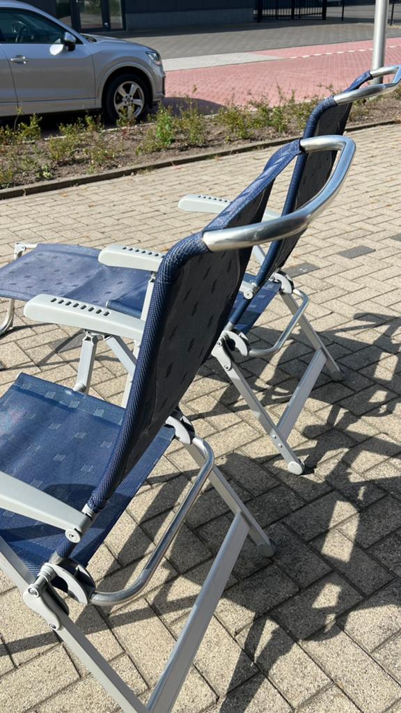 2 sets dukdalf klapstoelen met losse voetenbank, Ophalen, Gebruikt, Aluminium