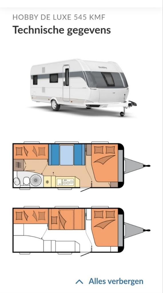 Hobby de Luxe caravan met stapelbed 545 KMF, Caravans en Kamperen, Caravans, Hobby, Particulier, Dwars-stapelbed, 6 tot 7 meter