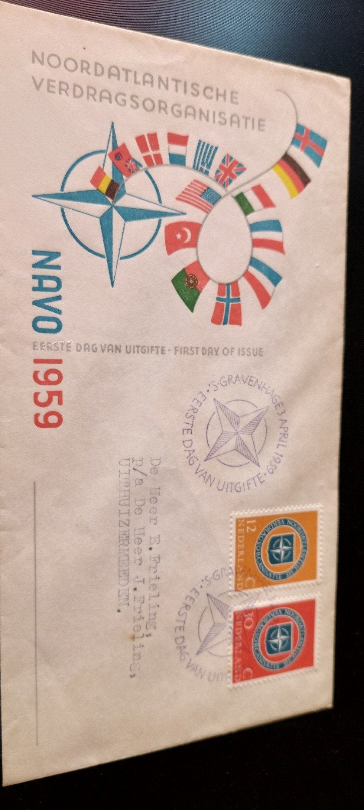 Eerste dagenvelope e37 navozegels 1959, Ophalen, Beschreven, Nederland