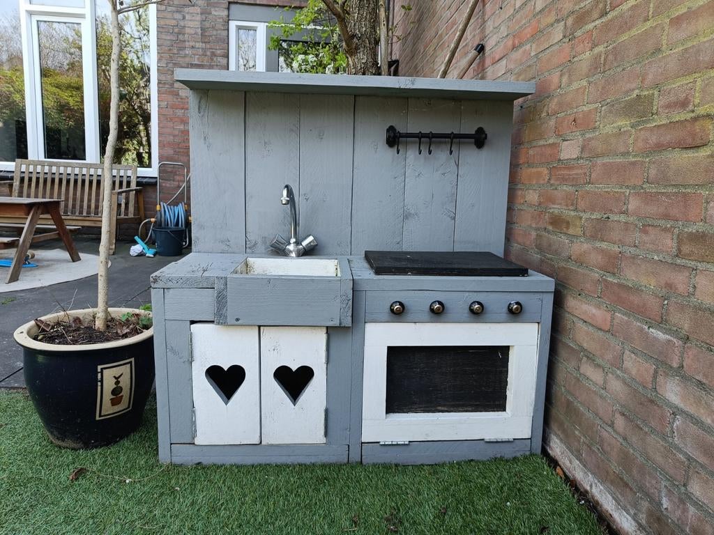 Speelkeuken tuin grijsblauw, Ophalen, Gebruikt, Hout, Speelkeuken