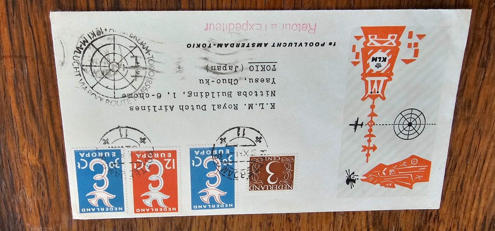 Envelop 1e Poolvlucht Amsterdam-Tokio KLM 1958, Verzenden, 1940 tot 1960, Gelopen, Noord-Holland