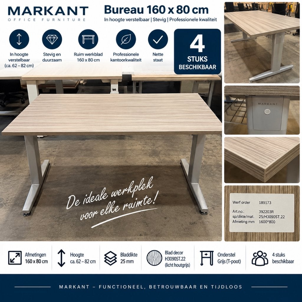 4x Markant bureau 160x80 cm – hoogte verstelbaar IZGS, Ophalen, Overige typen, 160 cm, In hoogte verstelbaar