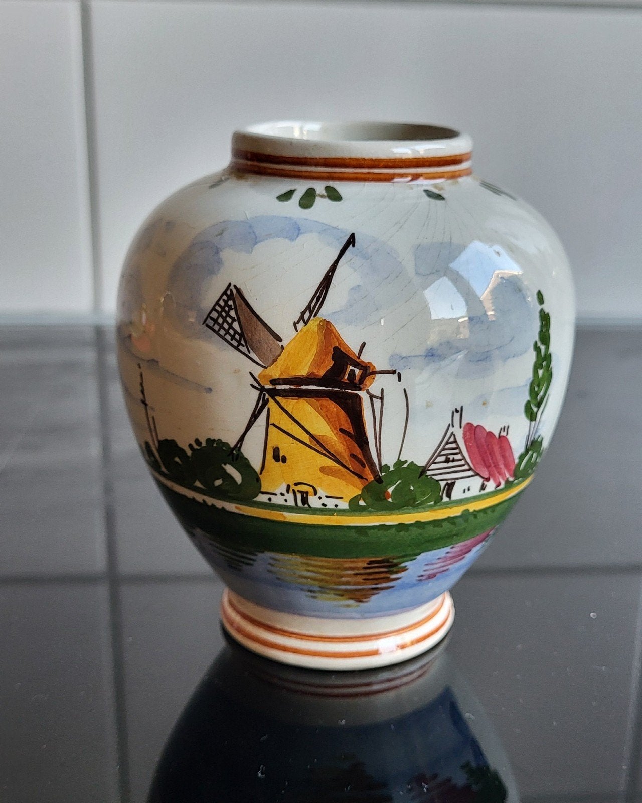 Vintage Poly Holland Handgeschilderde Vaas met Molen, Ophalen of Verzenden