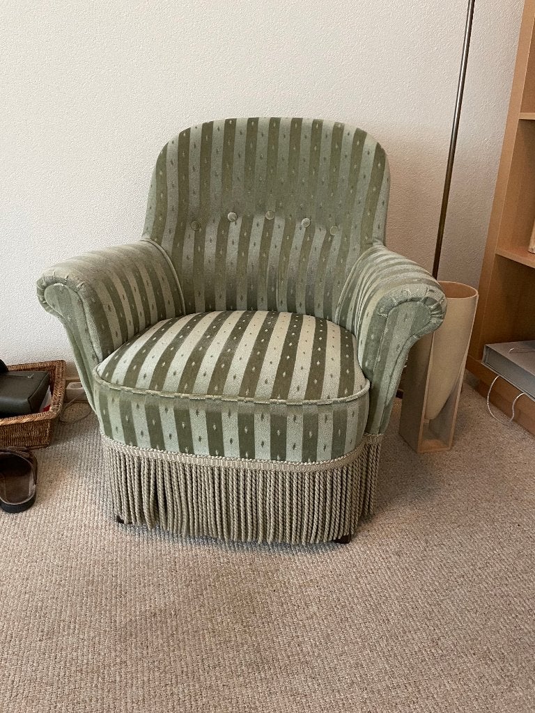 Groen stoffen fauteuiltje, Ophalen, Hout, Gebruikt, Minder dan 75 cm