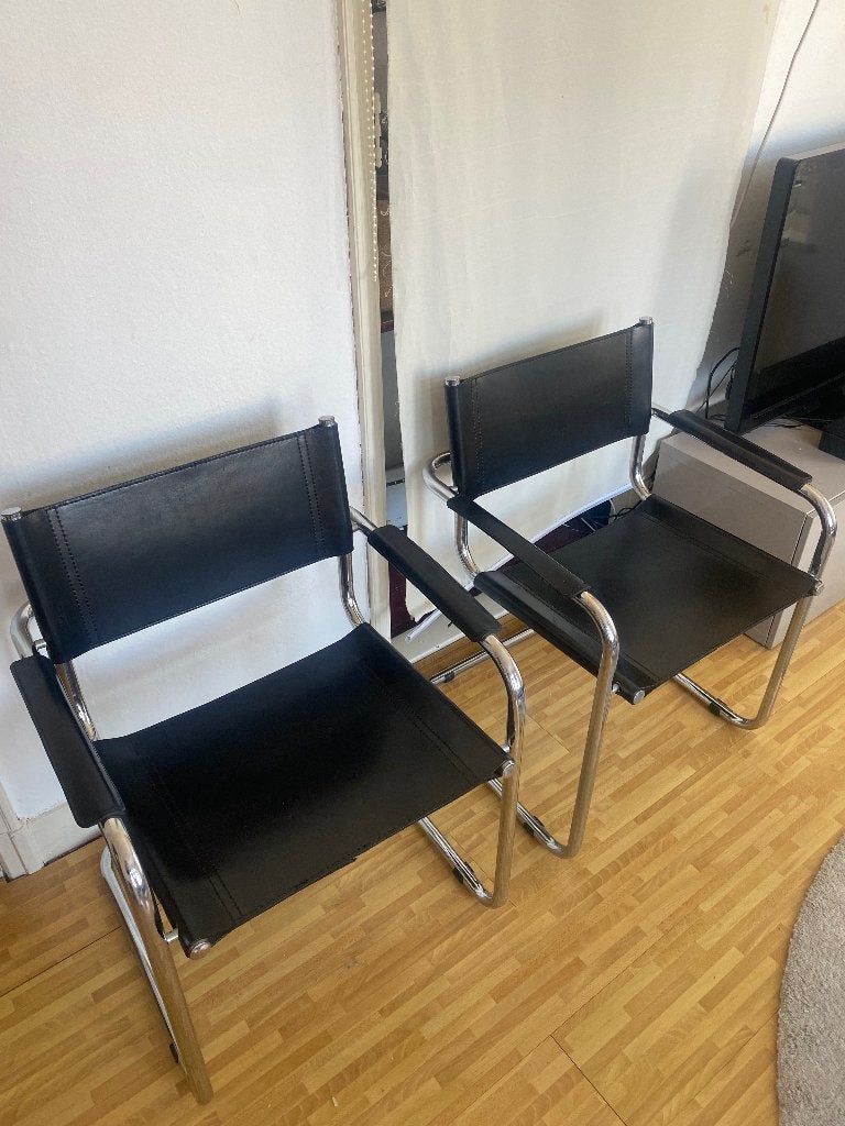 Vintage buisframe sledestoel – zwart leer – chroom, Gebruikt, Twee, Zwart, Leer