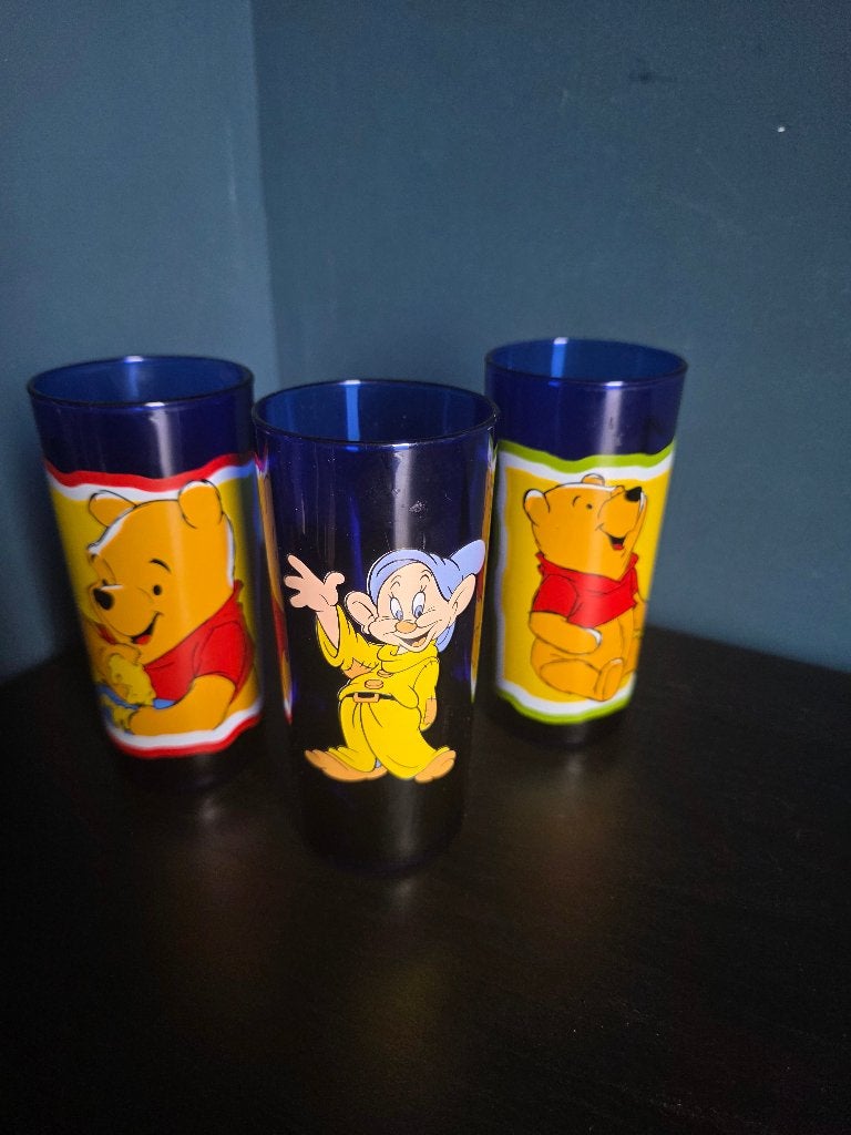 Disney Winnie the Pooh & Dopey blauwe glazen set, Ophalen of Verzenden, Winnie de Poeh of vrienden, Gebruikt, Servies