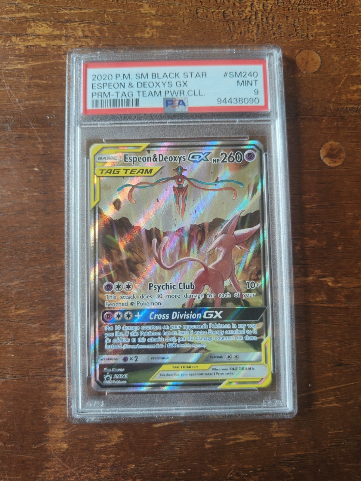 Espeon & Deoxys GX Tag Team PSA 9 Pokémon Kaart, Ophalen of Verzenden, Zo goed als nieuw, Losse kaart, Foil
