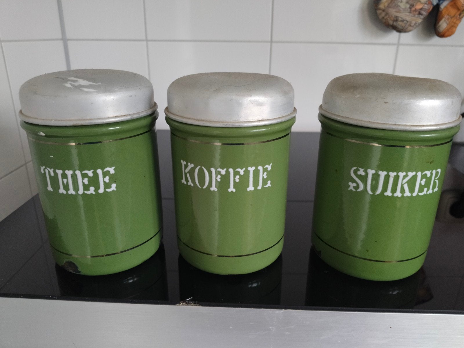 Vintage groene voorraadblikken (thee, koffie, suiker), Ophalen of Verzenden