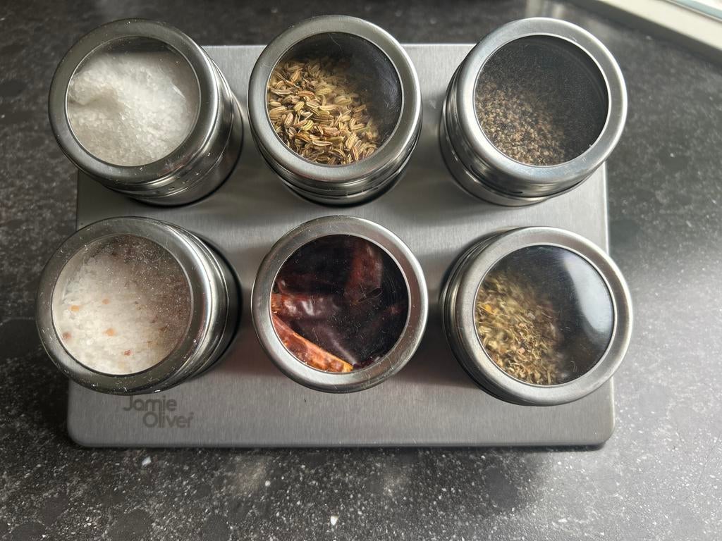 Jamie Oliver Magnetisch Kruidenrek met 6 Potjes, Gebruikt, Zilver, Ophalen of Verzenden, Voorraadpot