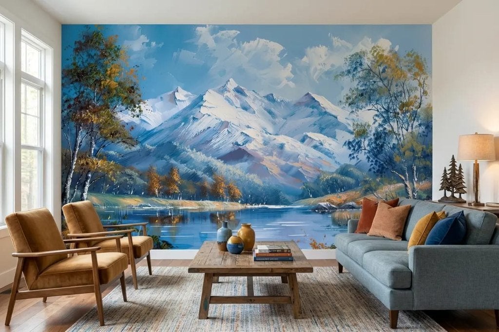 Bergen behang – blauw bergmeer op maat, Huis en Inrichting, Overige merken, Ophalen of Verzenden, Blauw, 5 tot 10 m²