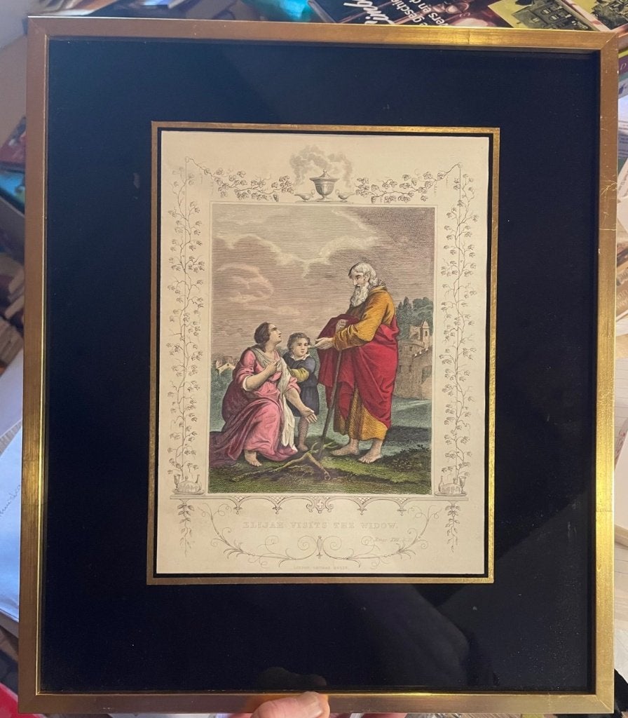 Kopergravures bijbelvoorstellingen eind 18e eeuw, Religie, Ingelijst, Ophalen of Verzenden, 37 cm