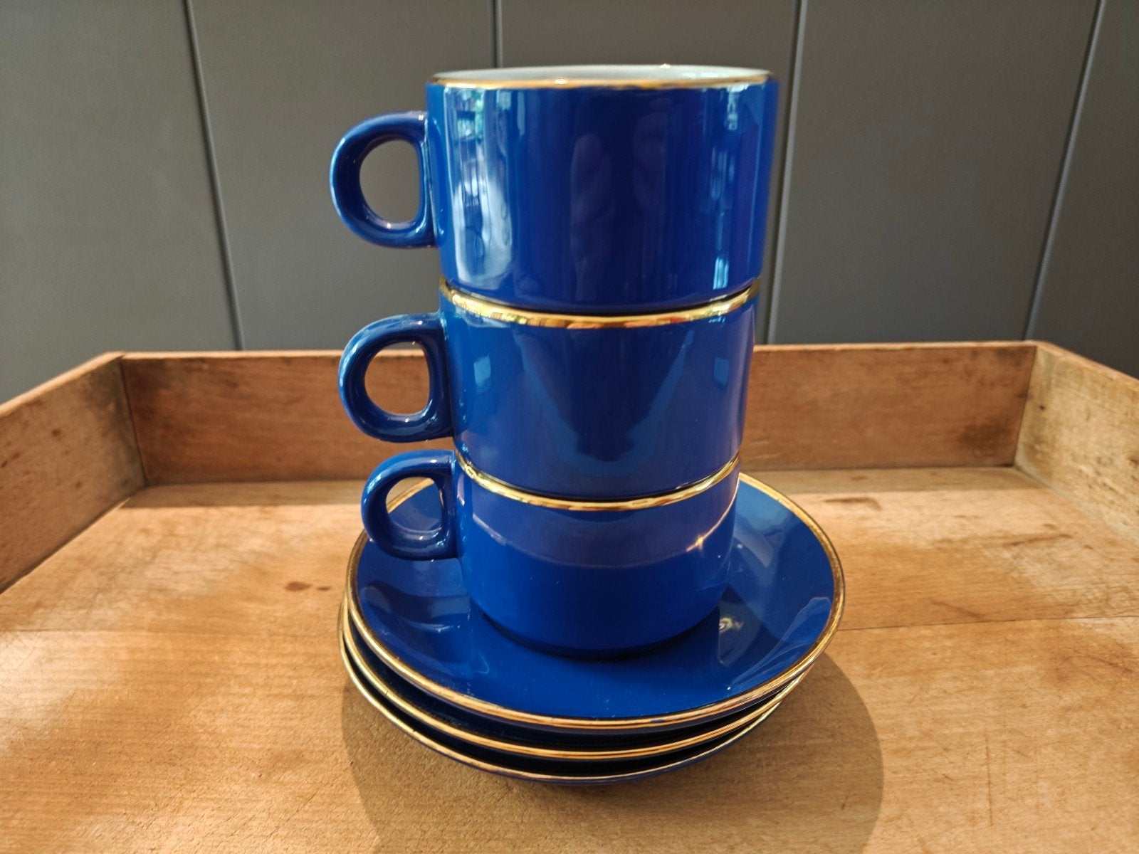 veritable kop& schotel 3x blauw, Huis en Inrichting, Keuken | Servies, Ophalen of Verzenden, Zo goed als nieuw, Overige stijlen