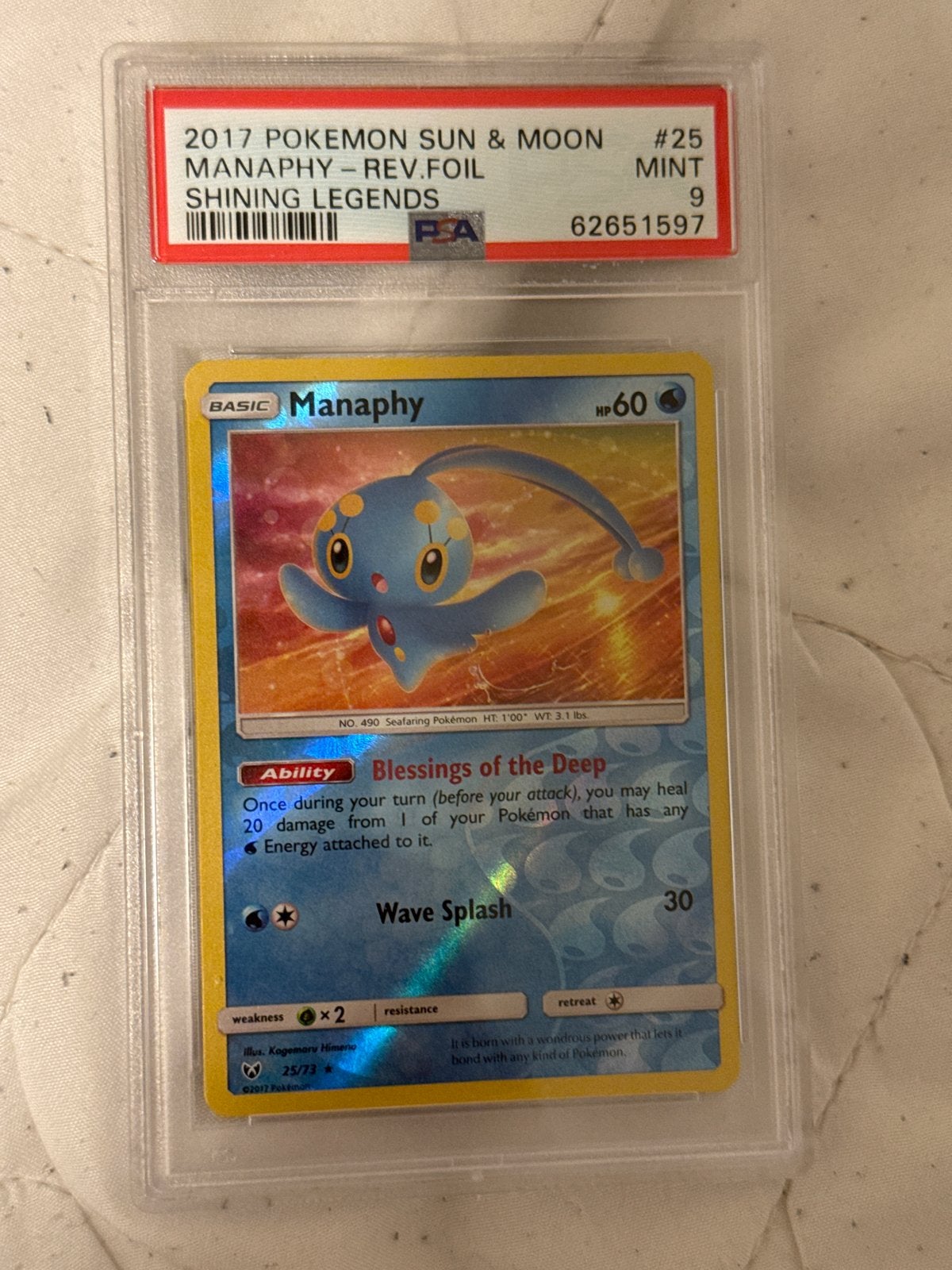 Manaphy Rev. Foil PSA 9 MINT - Pokémon Sun & Moon Shining Le, Ophalen of Verzenden, Zo goed als nieuw, Losse kaart, Foil