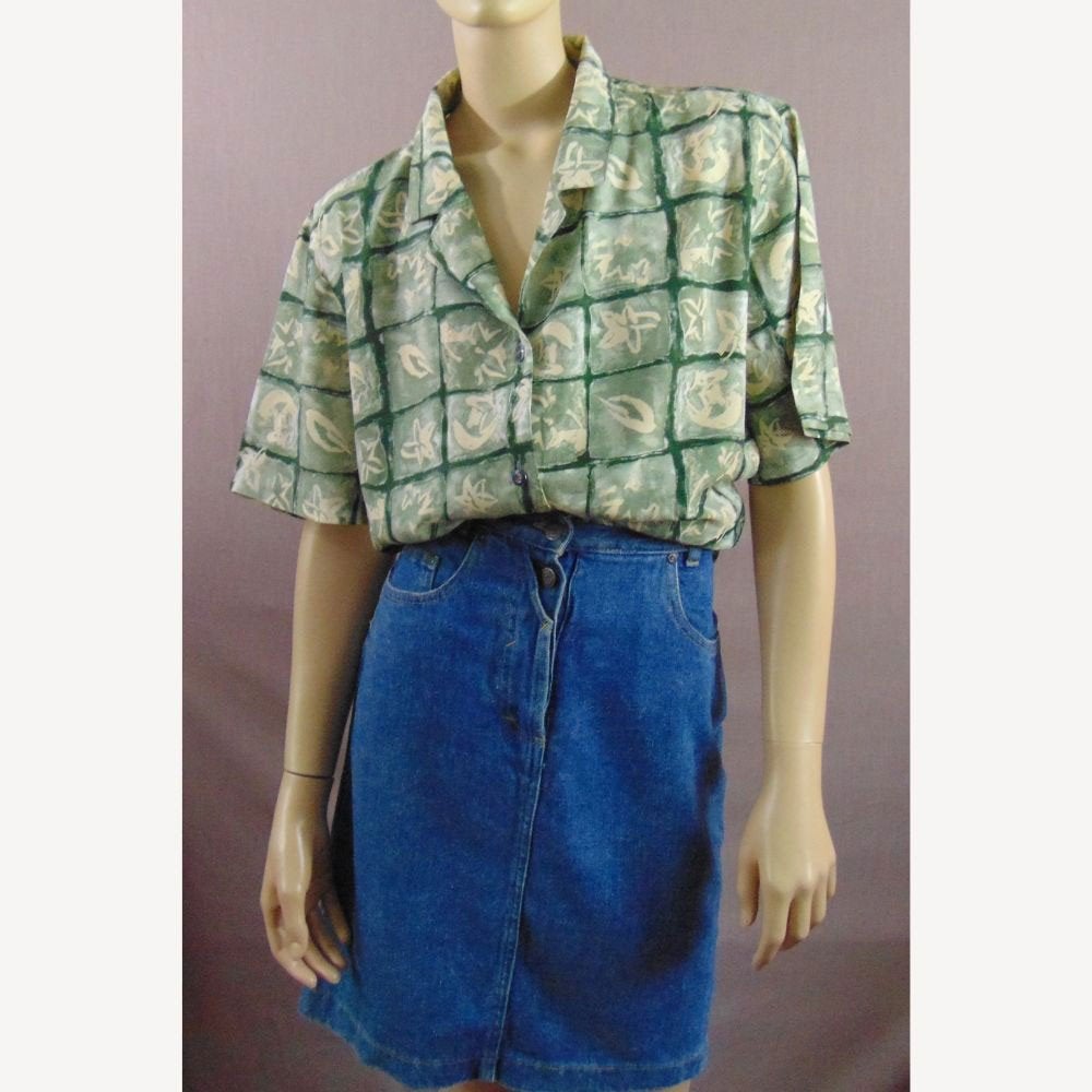 Vintage groene beige geruite blouse met print maat 50, Verzenden, Maat 46/48 (XL) of groter, Zo goed als nieuw, Vintage