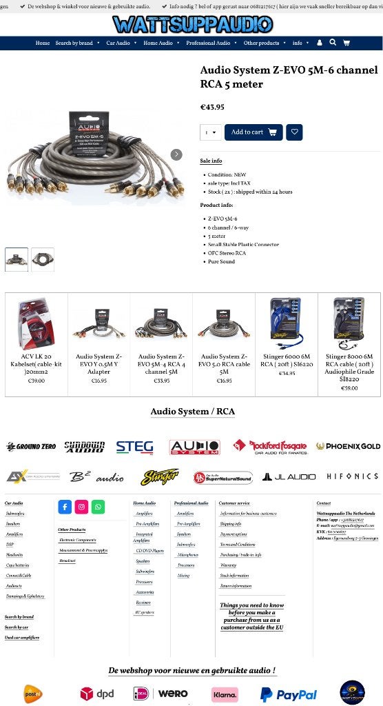 Audio System Z-EVO 5M-6 RCA / 6 Kanaals Tulpkabel 5 meter, Auto diversen, Autospeakers, Info@optimount.nl, Nieuw, Ophalen of Verzenden
