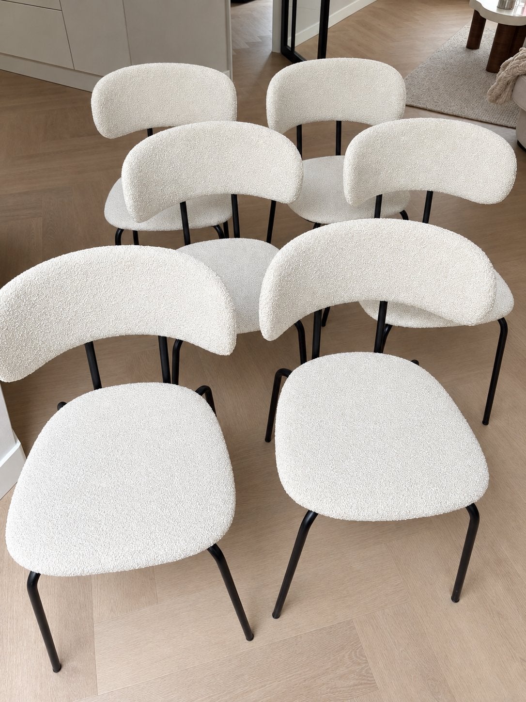 6 Eetkamerstoelen - Crème Bouclé Stof met Zwart Metaal, Ophalen, Overige kleuren, Zo goed als nieuw, Stof