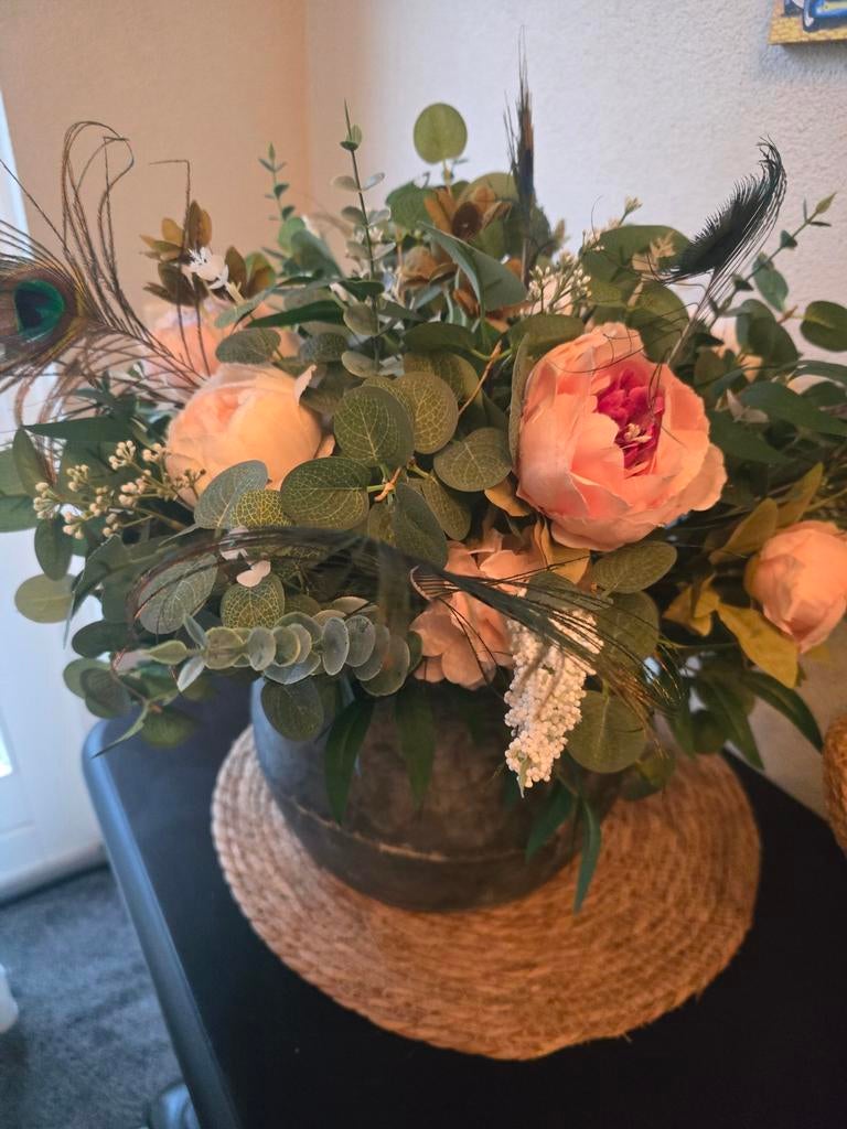 Zinken pot met kunstbloemen, Ophalen of Verzenden