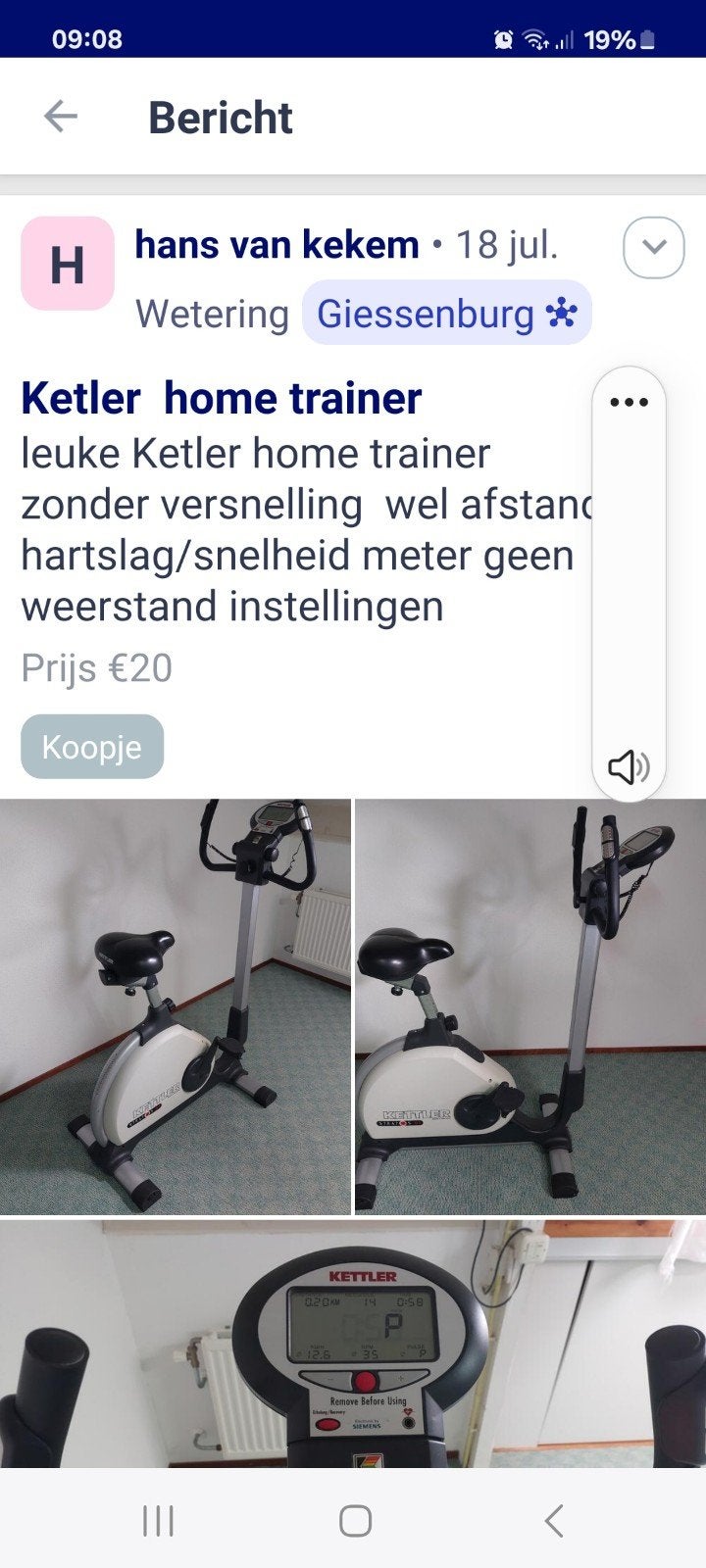 Kettler Hometrainer met hartslag- en snelheidsmeter, Ophalen of Verzenden, Gebruikt, Hometrainer