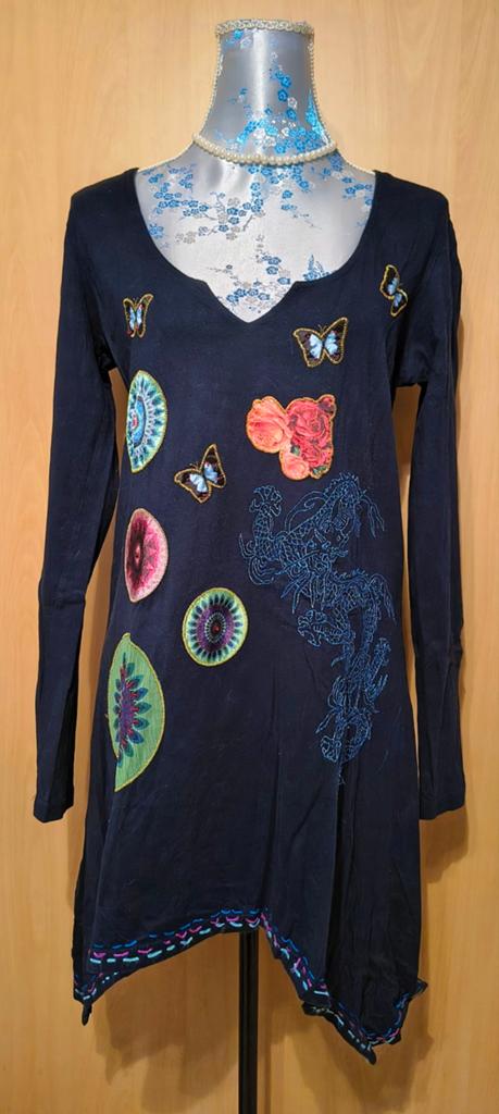Desigual tuniek met borduursels en draak - Maat L, Blauw, Maat 42/44 (L), Ophalen of Verzenden, Zo goed als nieuw