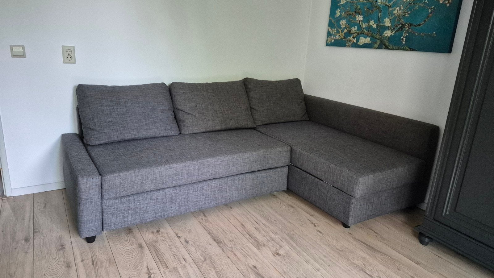 IKEA FRIHETEN Hoekslaapbank met opberger - Grijs, Ophalen, Gebruikt, Tweepersoons, Overige maten