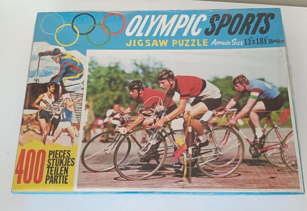 vintage puzzel olympische spelen wielrennen jaren 60, 70 ovp, Ophalen of Verzenden, Gebruikt, Overige sporten, Spel