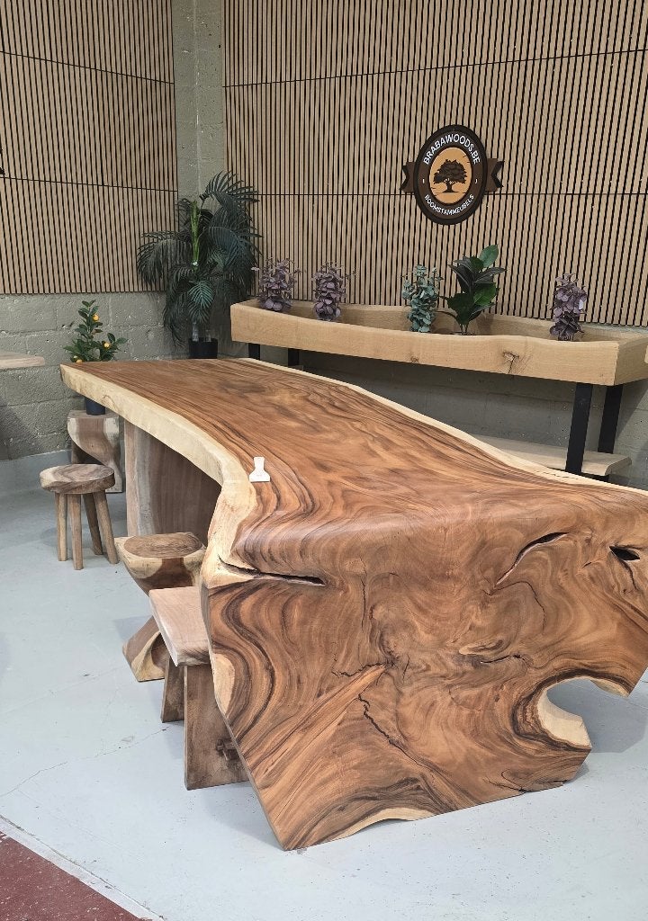 Boomstamtafel op maat | Suar & Eiken | Braba Woods, Huis en Inrichting, Tafels | Eettafels, Teakhout, Ophalen of Verzenden, 200 cm of meer