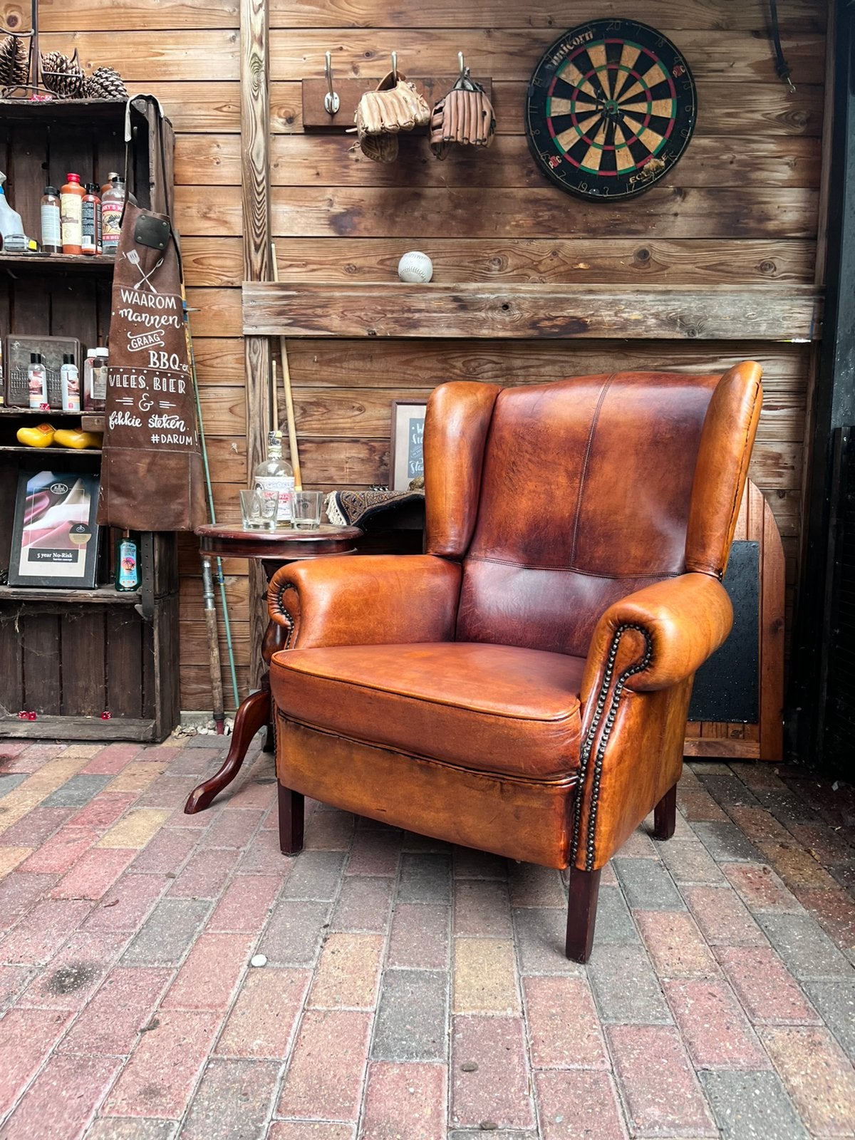 Schapenleren chesterfield Oorfauteuil, Ophalen of Verzenden, Zo goed als nieuw, 75 tot 100 cm, Leer