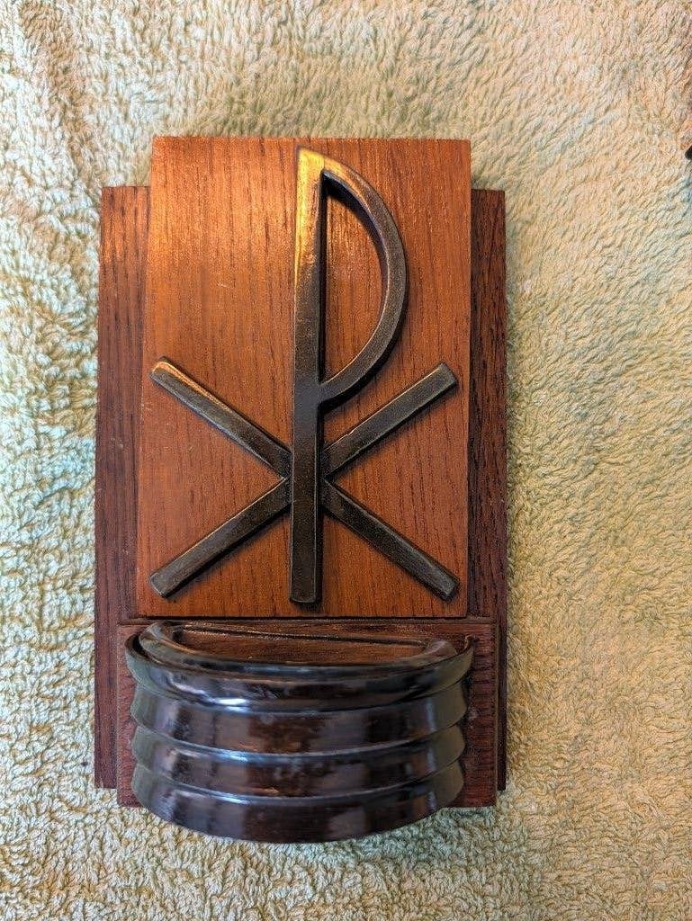 Vintage wijwaterbakje met Chi Rho symbool, Ophalen of Verzenden