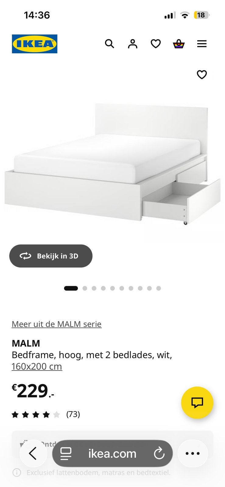 Wit bed malm 160x200, Ophalen, Wit, Tweepersoons, Zo goed als nieuw