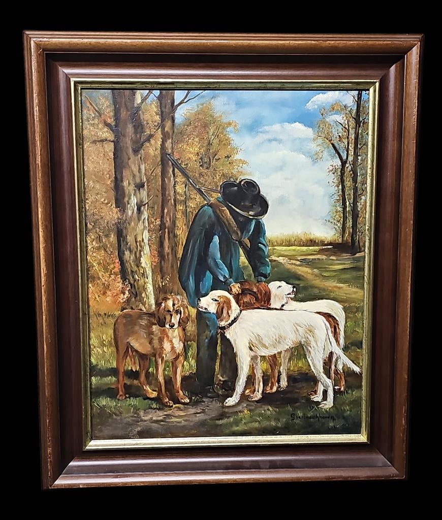 Olieverfschilderij Jager met Honden  Gesign., Ophalen of Verzenden