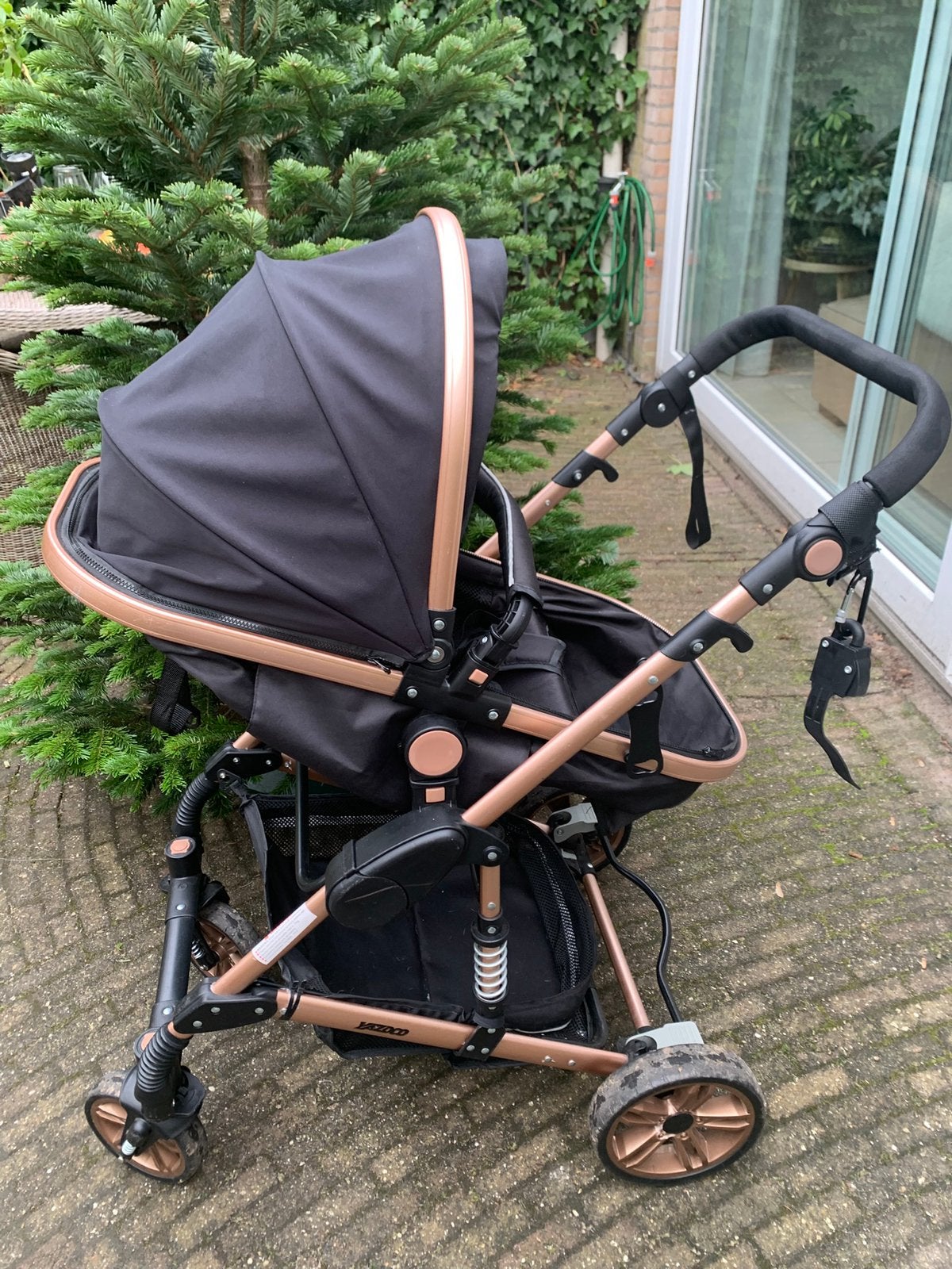 Luxe Kinderwagen Zwart/Roségoud - Zo goed als nieuw, Zo goed als nieuw, Kinderwagen, Overige merken, Verstelbare duwstang