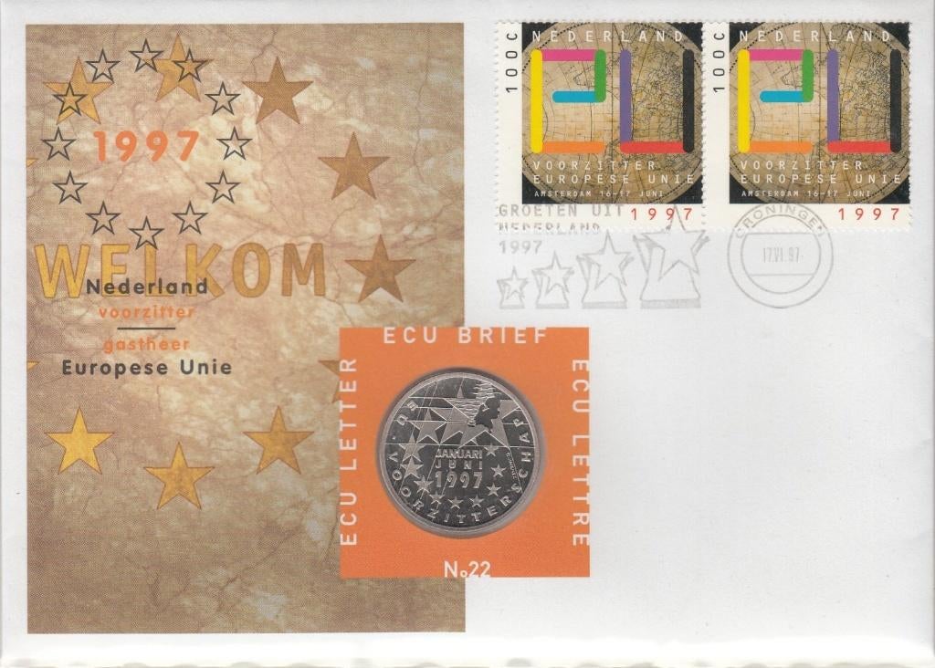 Nederland ECU brief No. 22 Europese Unie 1997 met penning, Postzegels en Munten, Ophalen of Verzenden, Overige materialen, Nederland