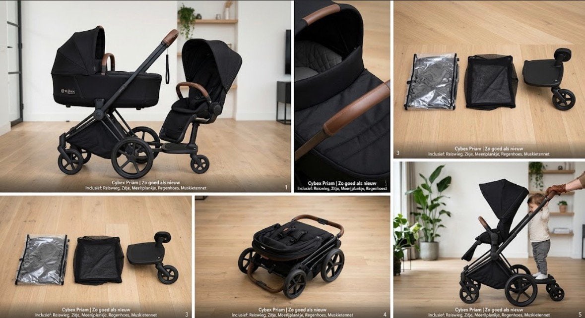 Cybex Platinum Priam 3-in-1 Set zwart + accessoires - ZGAN, Zo goed als nieuw, Combiwagen, Met reiswieg, Ophalen