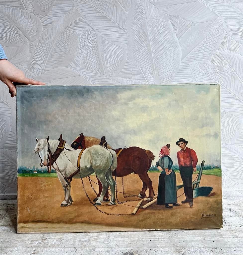 Vintage schilderij ploeg met trekpaarden, Antiek en Kunst, Ophalen of Verzenden