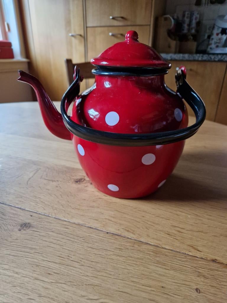ROOD MET WITTE STIPPEN POLKADOT EMAILLE FLUITKETEL, Ophalen of Verzenden