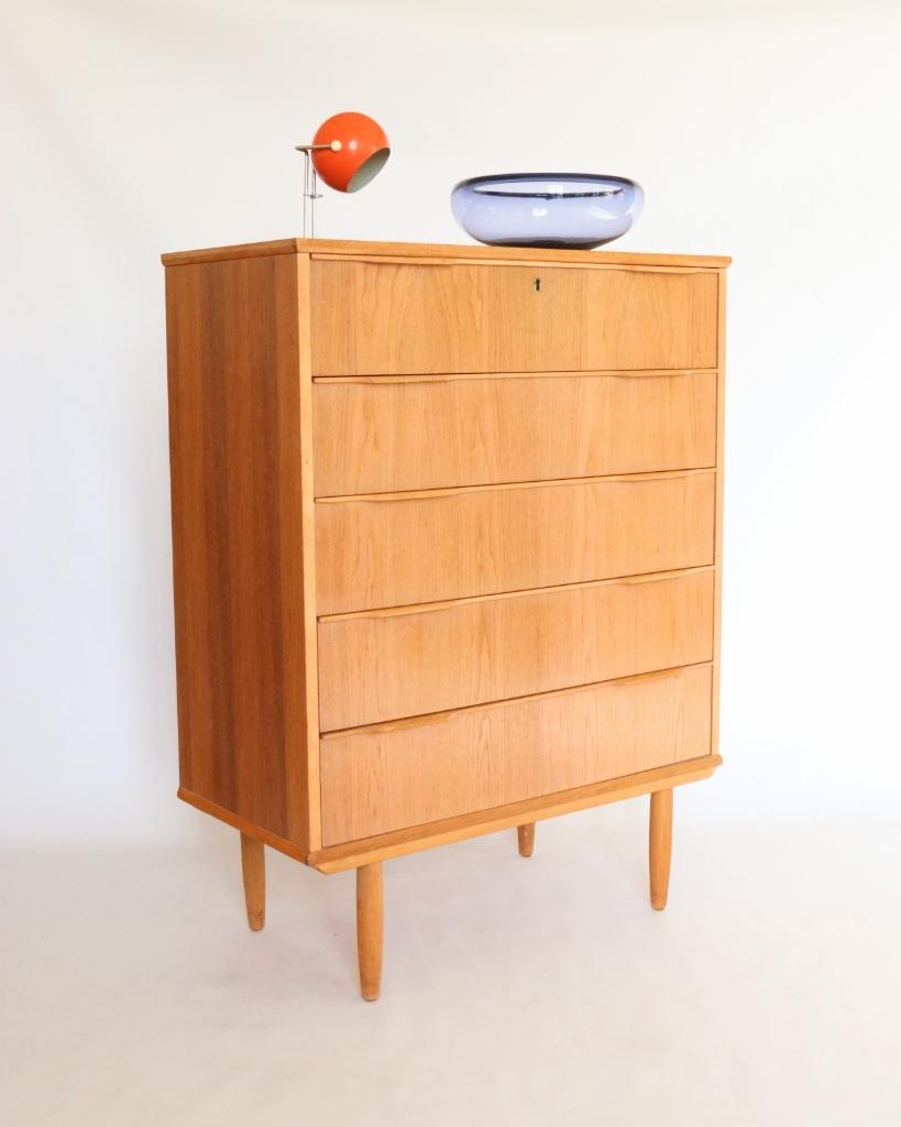 Vintage eiken ladekast Deens design tallboy xl, Ophalen, 5 laden of meer, Vintage retro deens design midcentury scandinavisch