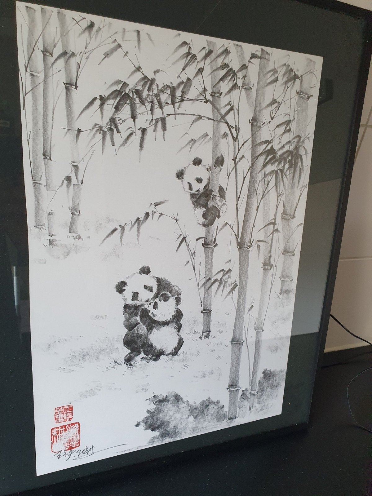 Chinees schilderij met panda's in bamboebos, Ophalen of Verzenden