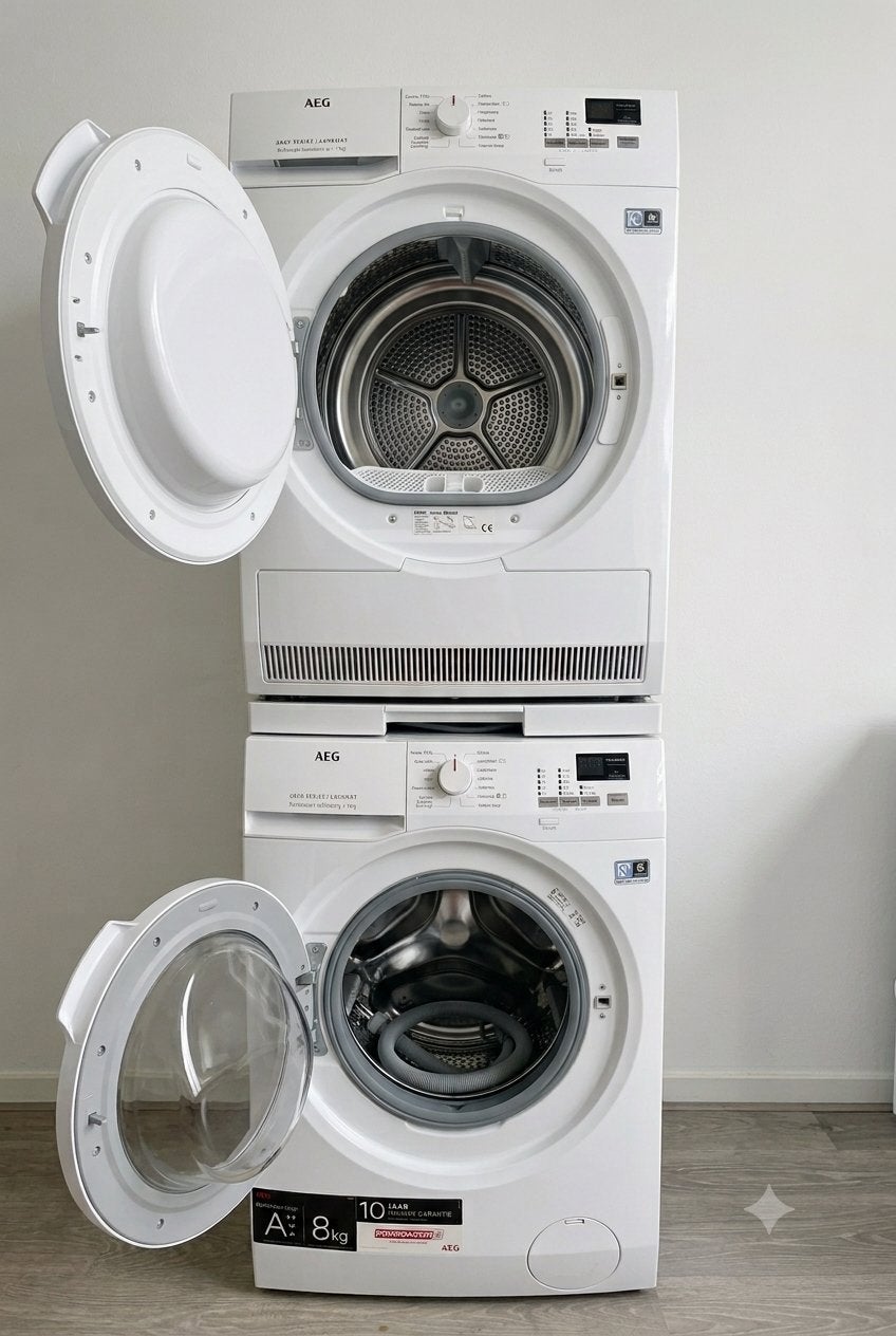 Setje Droger & Wasmachine | AEG | Werkt Goed | Schoon, Ophalen, Gebruikt, Minder dan 85 cm, Voorlader