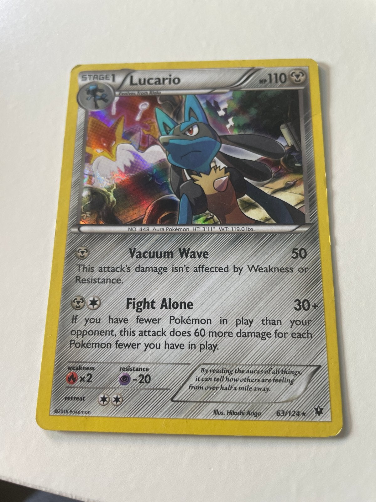 Lucario 63/124 Pokemon kaart, Ophalen, Gebruikt, Losse kaart, Foil