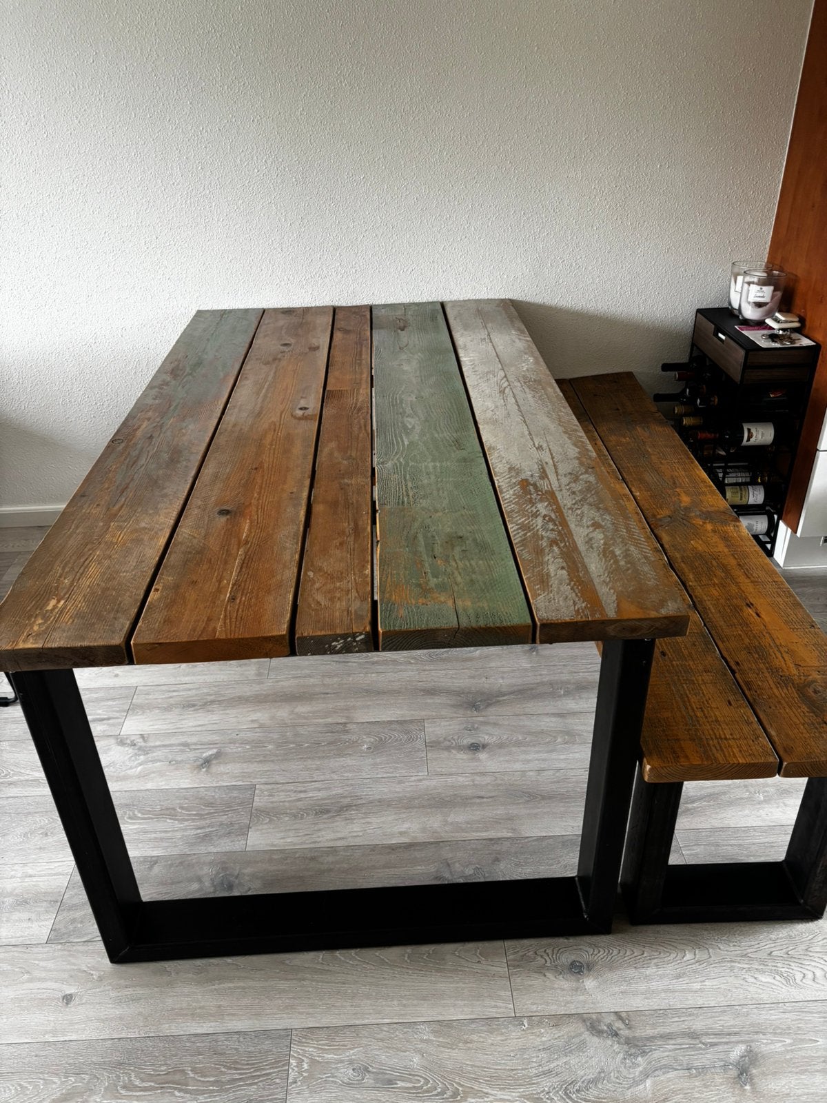 Eetkamer tafel met bankje, Ophalen, 100 tot 150 cm, 200 cm of meer, Zo goed als nieuw