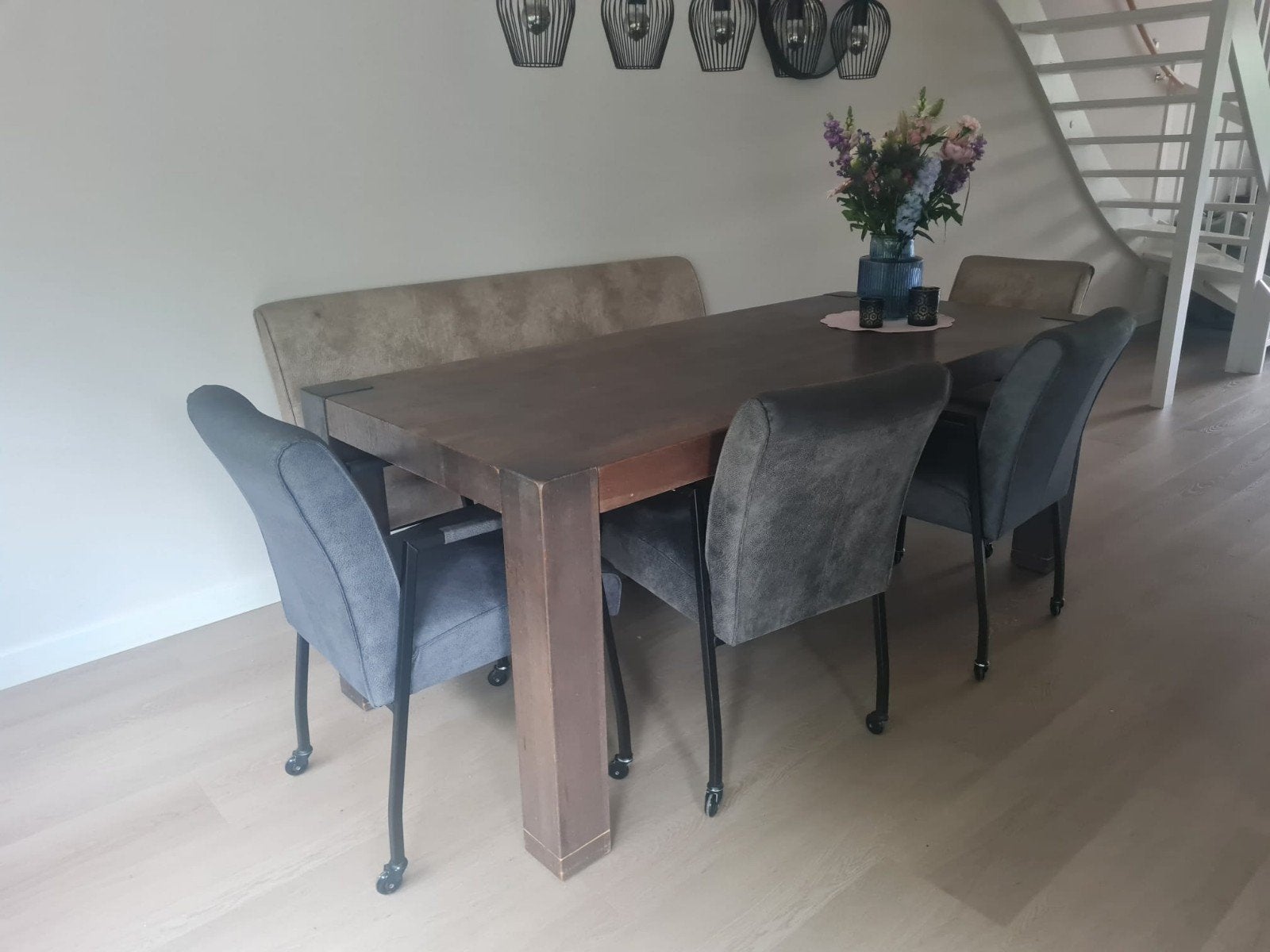 eethoek compleet met stoelen en bankje, Ophalen, Gebruikt, 50 tot 100 cm, Vijf personen of meer